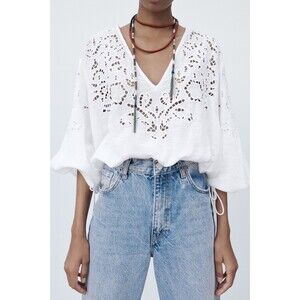 White Zara Eyelet Openwork Cutwork Embroidery Elastic Hem Blouse Top (NWT)